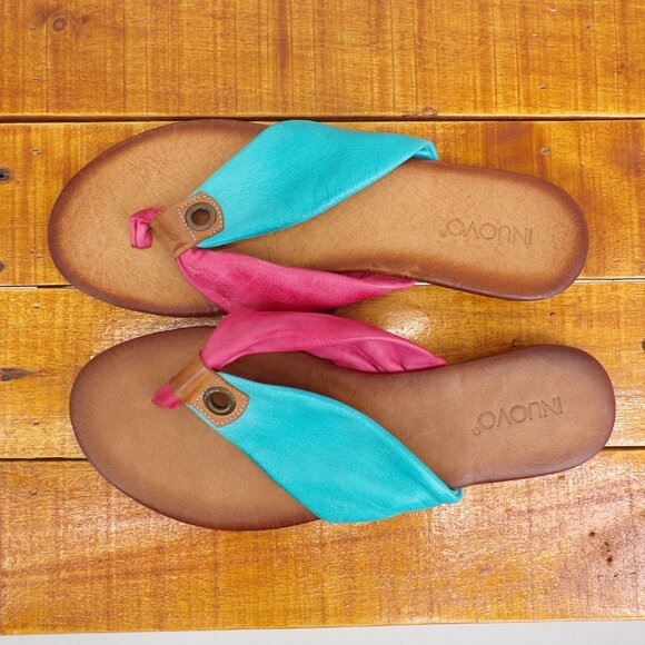 Inuovo Flat Sandals Size 8 - 8.5 Thong Color Block Pink Turquoise Soft Leather - Picture 2 of 7